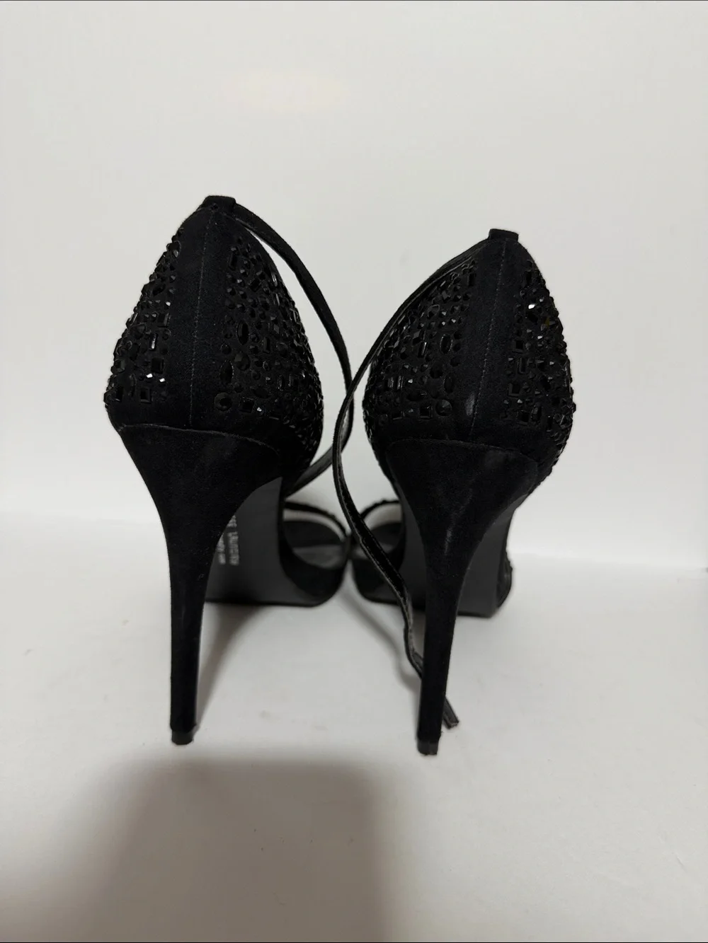 Chinese Laundry Black Suede Crystal-Embellished Ankle-Strap Heels